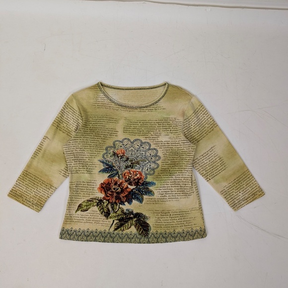 Y2K 3/4 Sleeve Beaded Top Graphic Letters Print Western Beading Flowers Floral - Picture 2 of 7